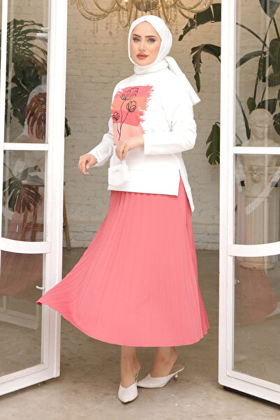 İmajButik Open Powder Pleated Skirt Printed Scuba Set