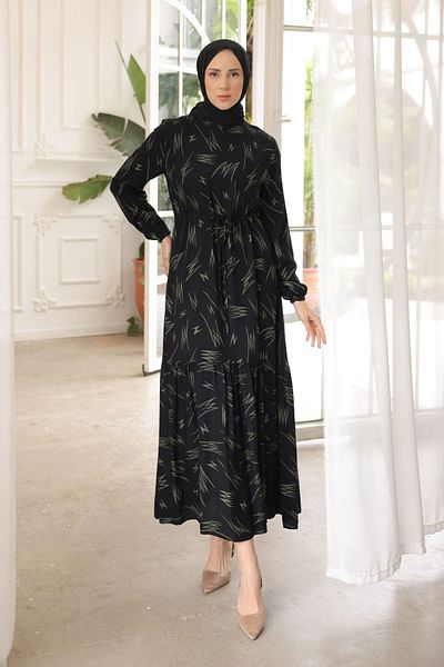 İmajButik Folded Sleeve Elastic Patterned Viscon Dress with Khaki Skirt