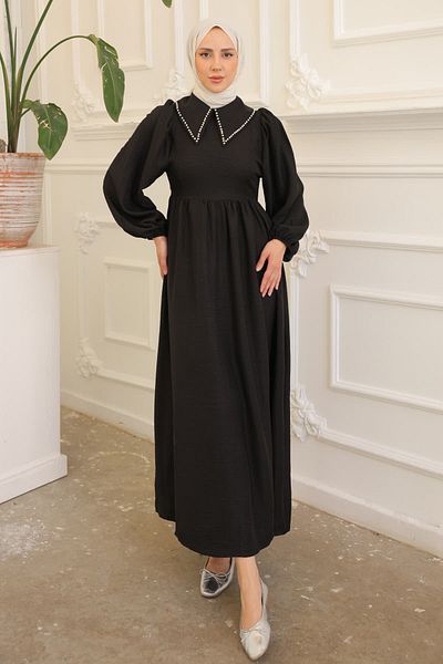 İmajButik Black Sleeve Elastic Collar Pearl Dress
