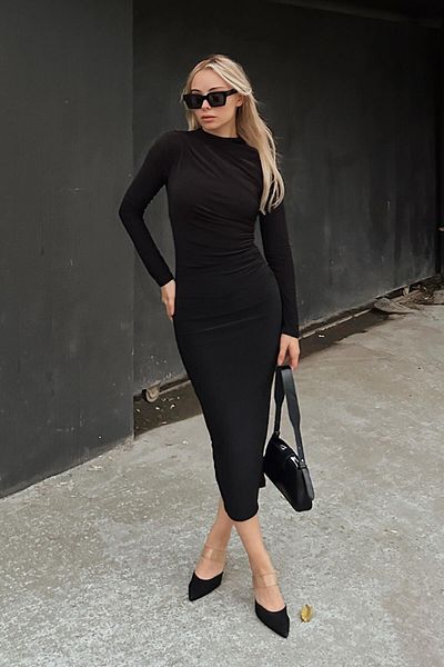 Swist Rochie midi pentru femei Helen neagră, drapată pe talie și pe umeri