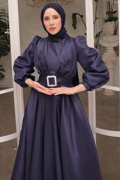 İmajButik Βραδινό φόρεμα με μπλέ μπαλόνι με μανίκια