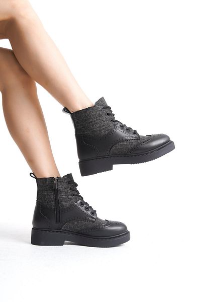 Modabuymus Pivol Μαύρες καρό Oxford Lace Up με φερμουάρ καθημερινές γυναικείες μπότες