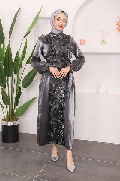İmajButik Bright Smoke Color - Φόρεμα με γιακά και βολάν