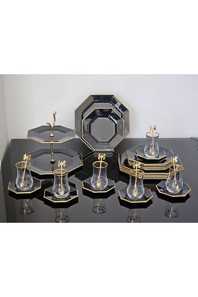 atabey home collection طقم تقديم شاي كيك مكون من 31 قطعة من الذهب الأسود يتسع لـ 6 أشخاص