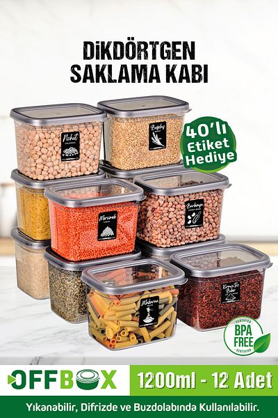 OFFBOX 12 Pieces Rectangular Food Pulses Storage Container Spice Rack Set 1.2 Liters with 40 Labels Gift