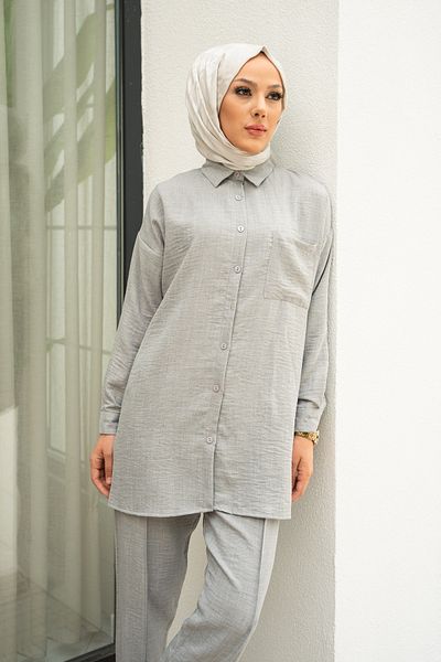 İmajButik طقم بنطلون تونيك بجيب رمادي