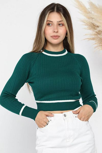 GÜLSELİ Emerald Green Corded Crop Knitwear Sweater