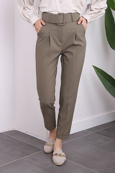 İmajButik Fabric Pencil Pants - KHaki with Belt and Pleat Detail