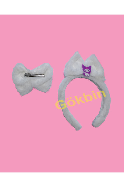 Gökbin Children's Cute Kuromi Kawai Plush Bow Crown Buckle Hair Band