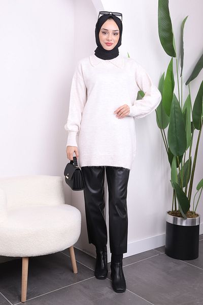 İmajButik Μπεζ πέτρινο γιακά Şardon Knitwear Tunic
