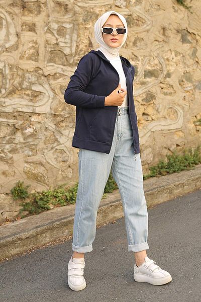 İmajButik Μπλε φούτερ με κουκούλα Ζακέτα με μπροστινή τσέπη με φερμουάρ