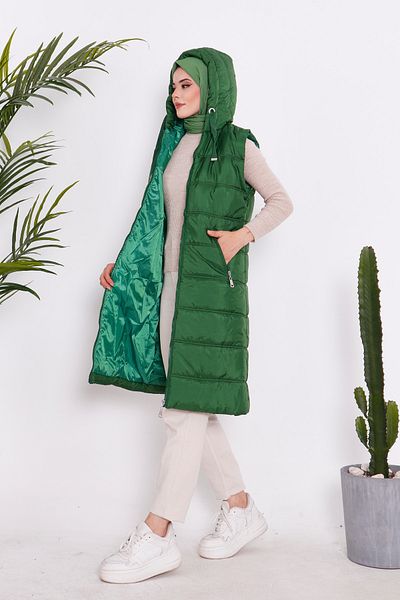 İmajButik Emerald Green Hooded Zippered Lined Puffer Vest