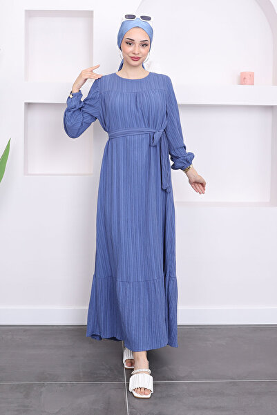 İmajButik فستان بتنورة بطبقات وأكمام مطاطية باللون النيلي