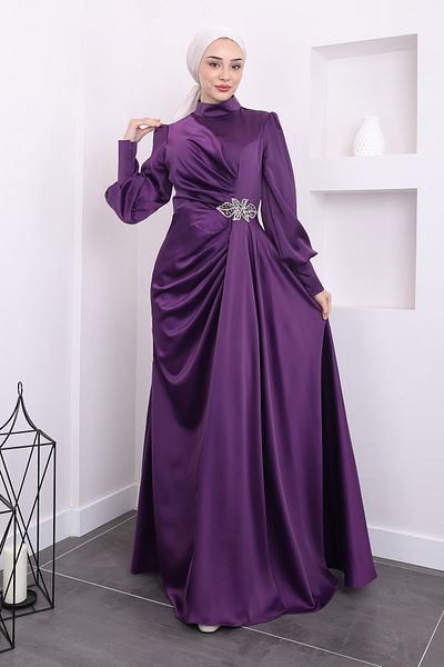 İmajButik Βραδινό Φόρεμα Σατέν - Λεπτομέρεια από Μωβ Πέτρα