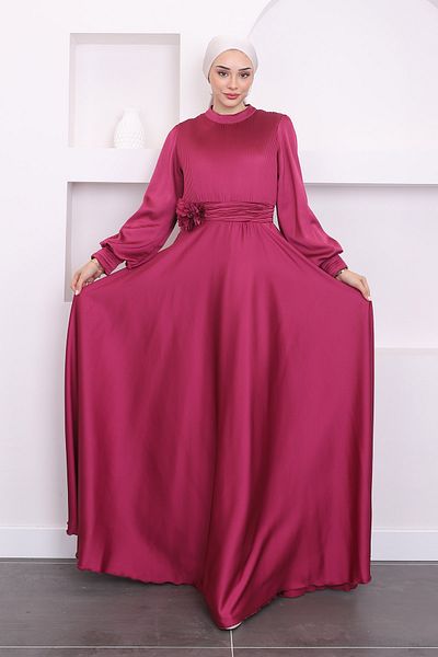 İmajButik Βραδινό φόρεμα με μπαλόνι και πλισέ σατέν δαμάσκηνο