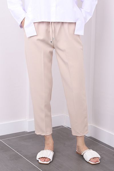 İmajButik Pantaloni morcovi cu gantere bej - cu buzunare și talie elastică