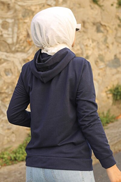 İmajButik Lacivert Kapüşonlu Ön Fermuarlı Cepli Sweatshirt Hırka