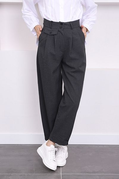 İmajButik High Waist Striped Anthracite Fabric Trousers - Leg Detail