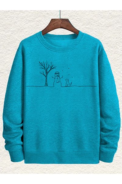 EVIus Unisex Comfortable Round Neck Sweatshirt with Cartoon Snowman and Dog Print, Lightweight Stretchy
