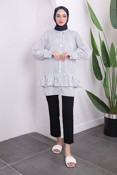İmajButik Tunica alba cu dungi bleumarin - Fusta cu perle