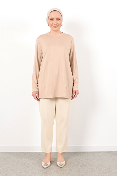 Linvey Kristal Penye Sıfır Yaka Rahat Kesim Basic Armalı Tunik