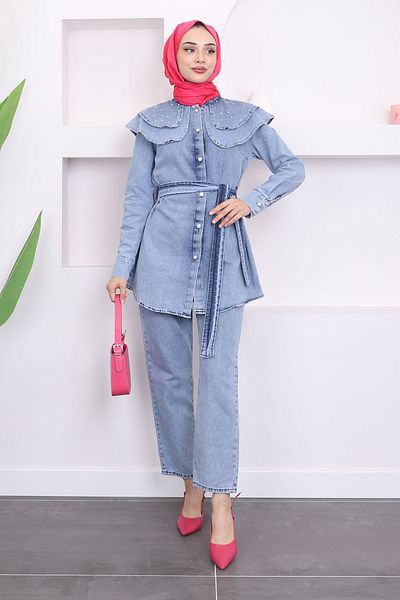 İmajButik Baby Collar Jeans Shirt and Trousers Set - Blue