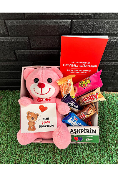 lenostra Sevgiliye Hediye Pembe Peluş Ayıcık Çikolatalar Sevgili Cüzdanı Aşkpirin