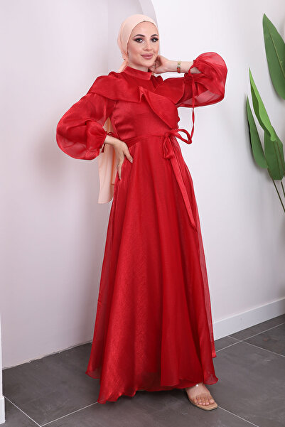 İmajButik Balloon Sleeve Red Evening Dress - Front Detail