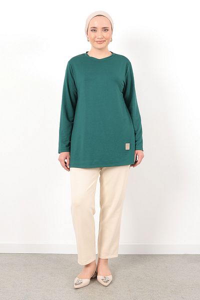 Linvey Kado Crystal Combed Crew Neck Relaxed Fit Basic Crested Tunic