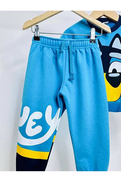 CANDA Boy's Blue Printed 3 Yarn Fabric Cotton Bottom Top Set