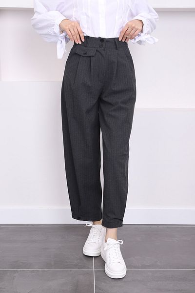 İmajButik High Waist Striped Anthracite Fabric Trousers - Leg Detail