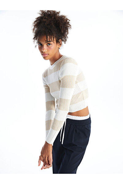 LC Waikiki Pulover de tricotat pentru femei, cu mânecă lungă, cu guler rotund dungi, bej