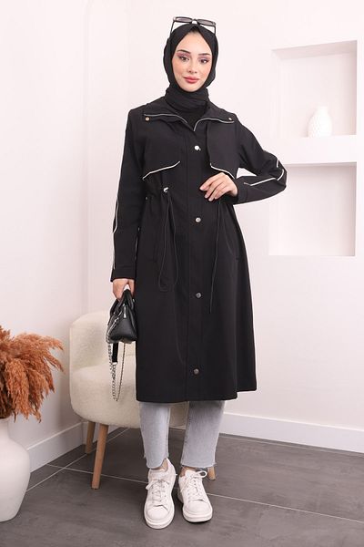 İmajButik Μαύρη καμπαρντίνα με λεπτομέρεια μπροστά
