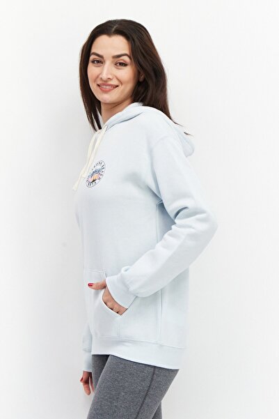 BİLLABONG Women Hooded Printed Front Pocket Long Sleeve Fleece Sweatshirts, Light Blue