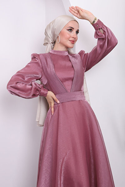 İmajButik Βραδινό φόρεμα με πλισέ Dusty Rose γιακά