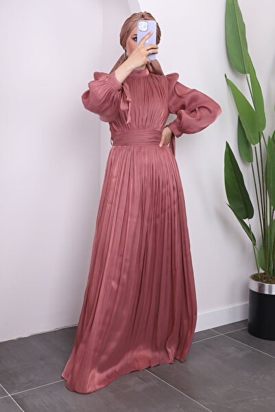 İmajButik Βραδινό φόρεμα με πλισέ τούλι - μανίκι σε πούδρα