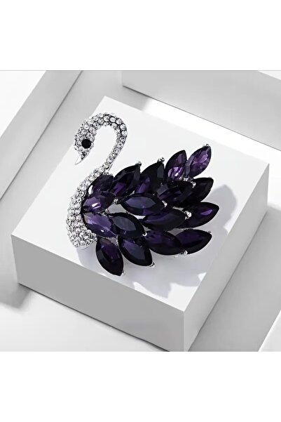 betbay Mor Taşlı Kuğu Broş/Yaka İğnesi-Hediyelik karton kutusuyla