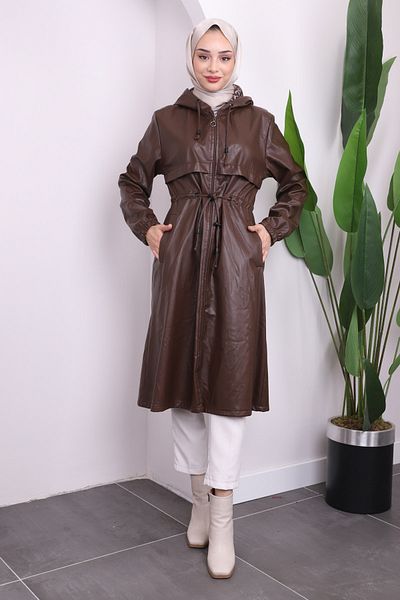 İmajButik Καφέ δερμάτινη καμπαρντίνα με κουκούλα