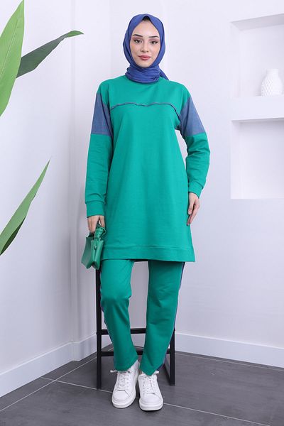 İmajButik Σετ με δύο κλωστές με πράσινο τζιν Λεπτομέρεια τουνίκ παντελόνι