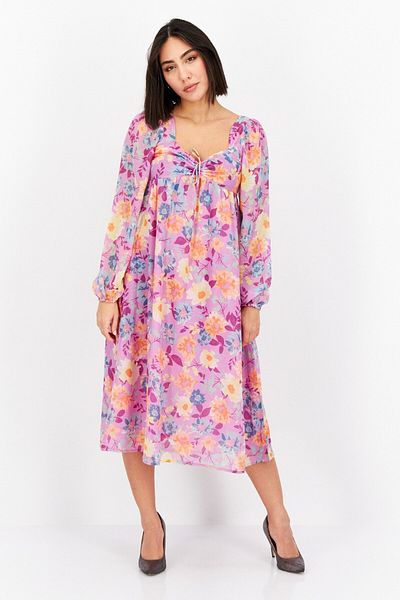 BİLLABONG Women Floral Print Casual Midi Dress, Purple Combo