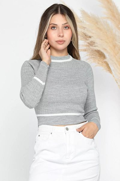 GÜLSELİ Pulover din tricotaj crop cu nervuri gri