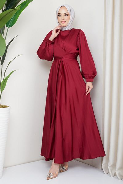İmajButik Claret Red Plus Size Satin Evening Dress with Front Detail