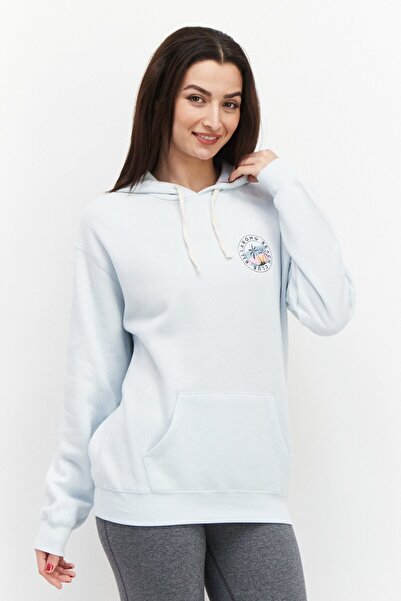 BİLLABONG Women Hooded Printed Front Pocket Long Sleeve Fleece Sweatshirts, Light Blue
