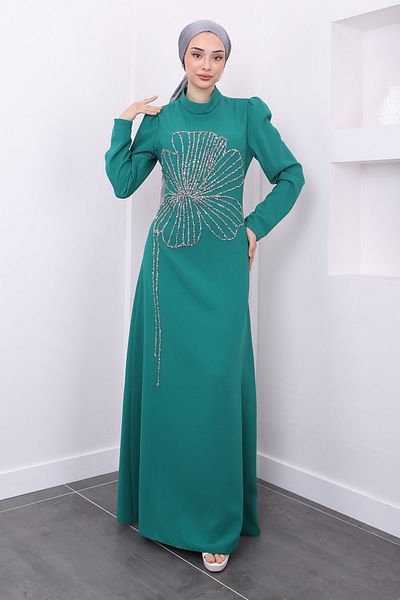 İmajButik Βραδινό φόρεμα Nursema Σμαραγδένιο Κεντημένο με Πέτρα
