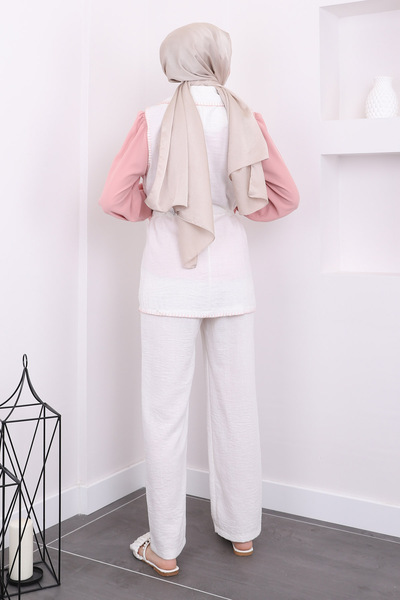 İmajButik Powder Colored Blouse, Vest and Trousers Set