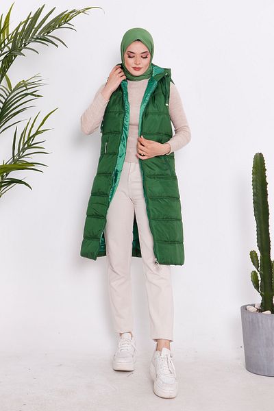 İmajButik Emerald Green Hooded Zippered Lined Puffer Vest