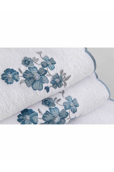 Gül Güler Blossom White-Blue Embroidered Hand Towel