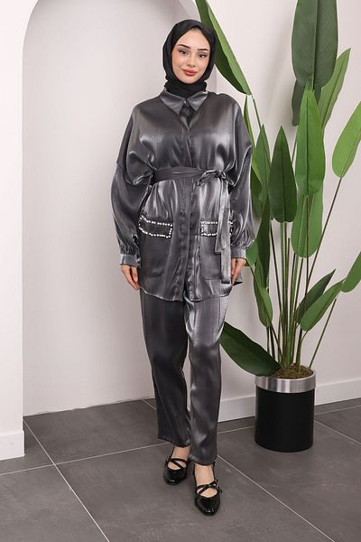 İmajButik Shiny Smoked Jewelled Pearl Jacket and Trousers Set