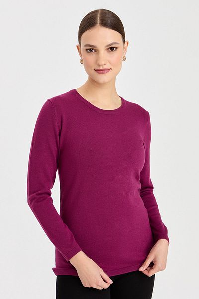 Desen Triko Bluză cu mânecă lungă de bază din Lycra pentru damă, cu decolteu uniform, prune