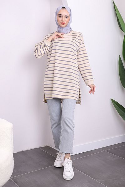 İmajButik Lilac Side Slit Striped Tunic